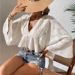 SHEIN WYWH Jacquard Bell Sleeve Beach Peplum Blouse